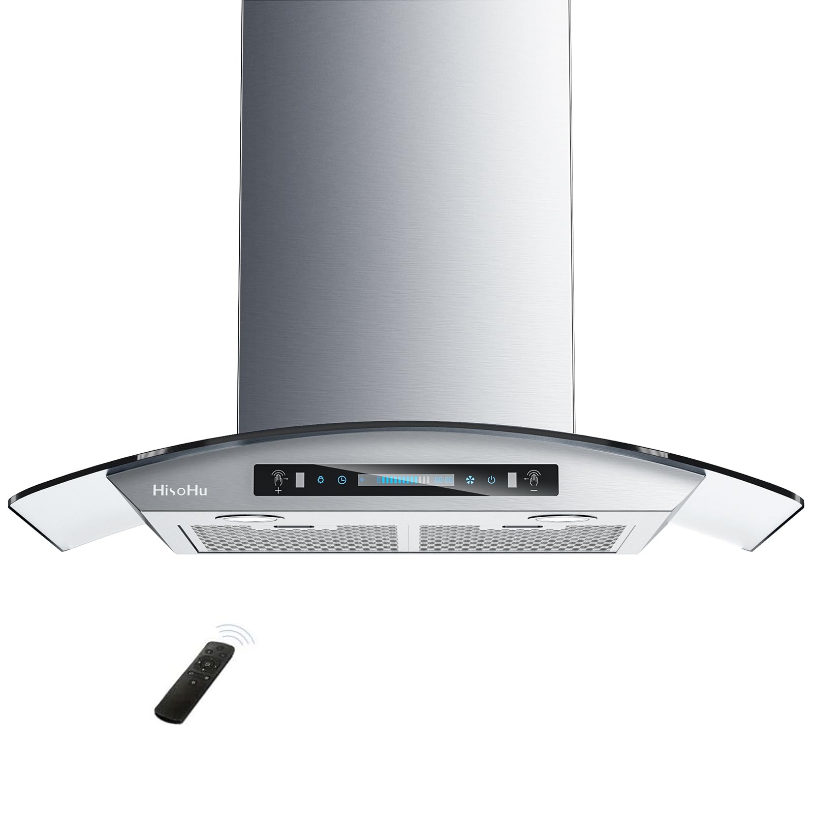HisoHu Wall Mount Curved Glass Range Hood 30 Inch, 780 CFM Kitchen Vent Hood Ductless/Ducted Convertible with Touchscreen and LED Lights, Stainless Steel