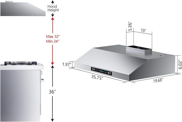 36 Inch Under Cabinet Range Hood with 900-CFM, 4 Speed Gesture Sensing&Touch Control Panel, Stainless Steel Kitchen Vent