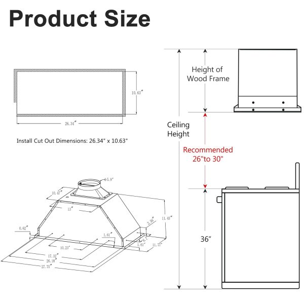 HisoHu Insert Range Hood 30 Inch / 36 Inch, 900 CFM with Ducted Convertible Ductless(Kit Included), Stainless Stee Kitchen Vent Hood with 4 Speed Exhaust(30'', Black)